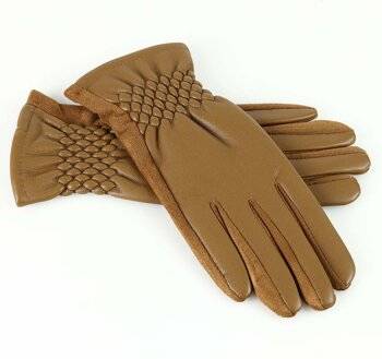 Stylowe rękawiczki damskie skóra eco na ściagaczu - MARCO MAZZINI brąz koniak